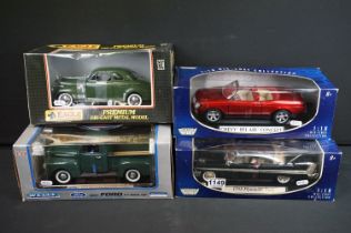 Four boxed 1/18 scale diecast models to include 2 x Motor Max models featuring Chevy Bel Air Concept