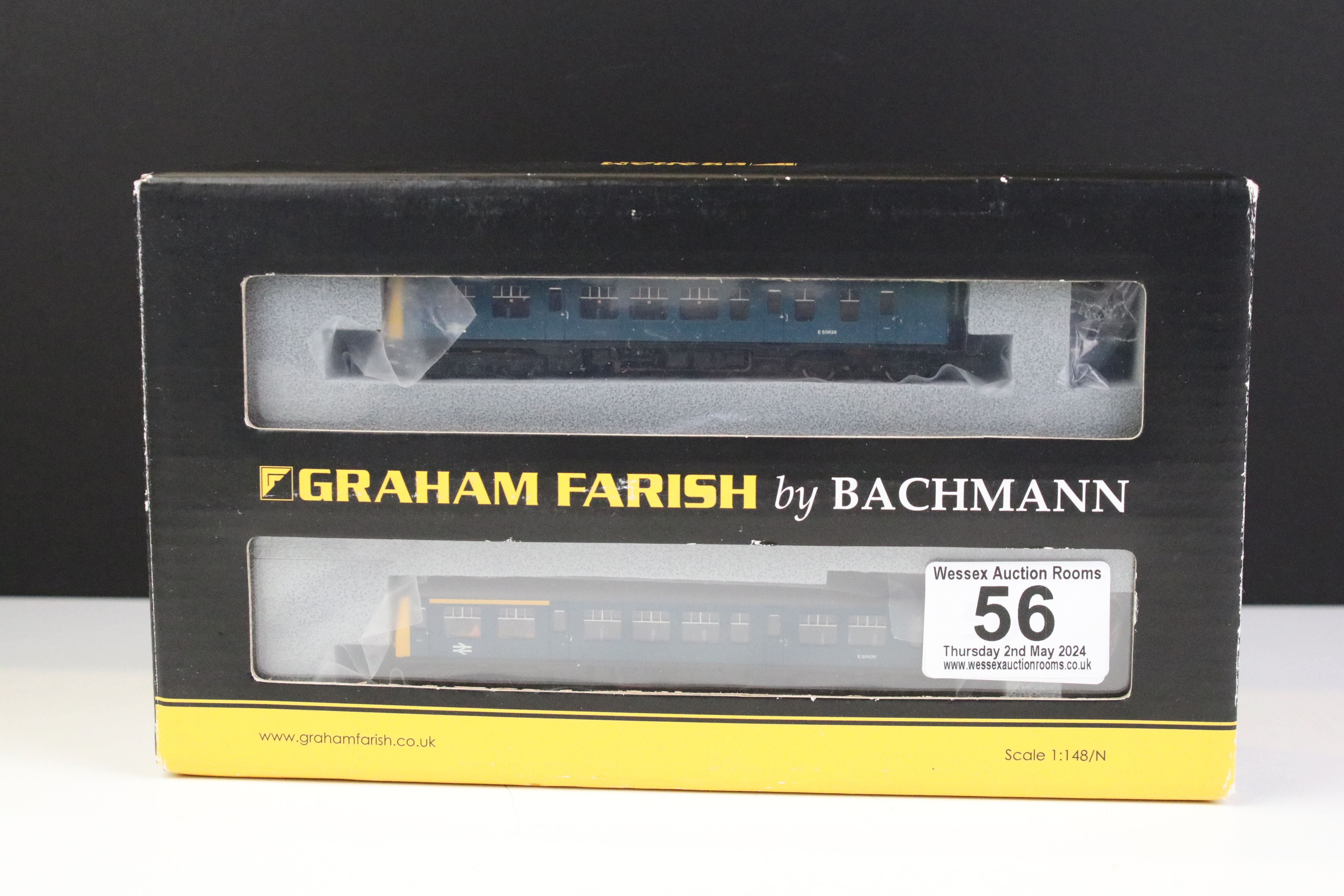 Boxed Graham Farish by Bachmann N gauge 371885 Class 108 Three Car DMU BR blue, complete