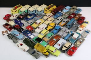 57 Mid 20th C play worn Dinky diecast models to include 183 Fiat 600, 111 Triumph TR2, 161 Austin