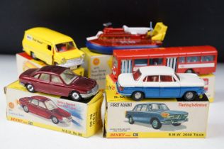 Five boxed Dinky diecast models to include 290 SRN6 Hovercraft, 176 NSU Ro 80, 157 BMW 2000 Tilux,