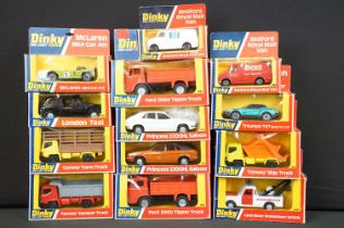 13 Boxed Dinky diecast models to include 211 Triumph TR7 Sports Car, 2 x 440 Ford D800 Tipper Truck,