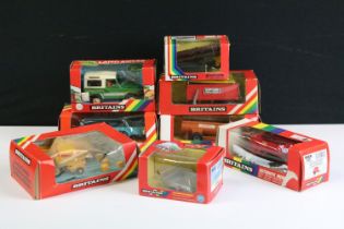 Eight boxed Britains 1/32 scale farming diecast models to include 6512 Farm Land Rover, 9412 Log