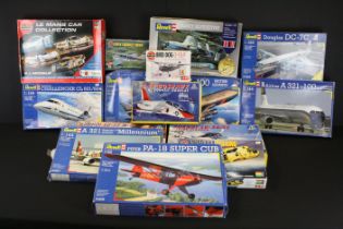 14 Boxed plastic model kits to include 7 x Revell (Douglas DC-7C, A321 Millennium, Fairey