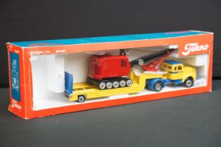 Boxed Tekno 1/50 scale 860861 Scania L110 Low Loader in yellow body and blue trim with Akerman