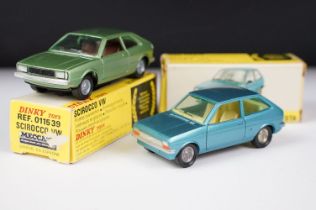 Two boxed French Dinky diecast models to include 011539 Scirocco VW in metallic green with brown