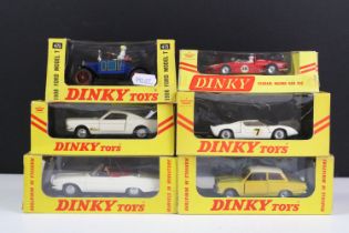 Six boxed Dinky diecast models to include 133 1965 Ford Cortina in metallic yellow and white roof