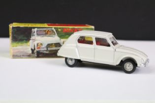 Boxed French Dinky 1413 Dyane Citroen diecast model in white with red interior and chrome hubs, ex