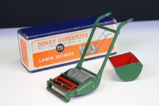 Boxed Dinky 751 Lawn Mower in green and red, diecast vg with a couple of paint chips, box vg with