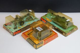 Three boxed Dinky military diecast models to include 609 US 108mm Howitzer with gun crew, 683