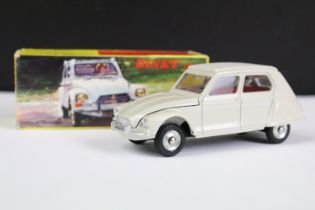 Boxed French Dinky 1413 Dyane Citroen diecast model in white with red interior and chrome hubs, ex