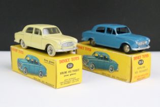 Two boxed French Dinky Berline 403 Peugeot diecast models to include 521 in cream and 24B in blue,