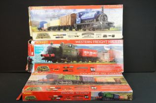 Three boxed Hornby OO gauge train sets to include R1101 The Blue Highlander, R1201 County to Coast