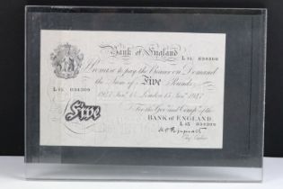 A United Kingdom Bank of England White £5 banknote, chief cashier Kenneth Oswald Peppiatt.