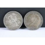 Two British Queen Victoria silver crown coins to include 1893 and 1899 examples.