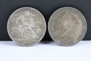 Two British Queen Victoria silver crown coins to include 1893 and 1899 examples.