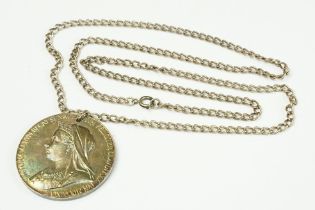 A large Queen Victoria commemorative medallion mounted to white metal chain.