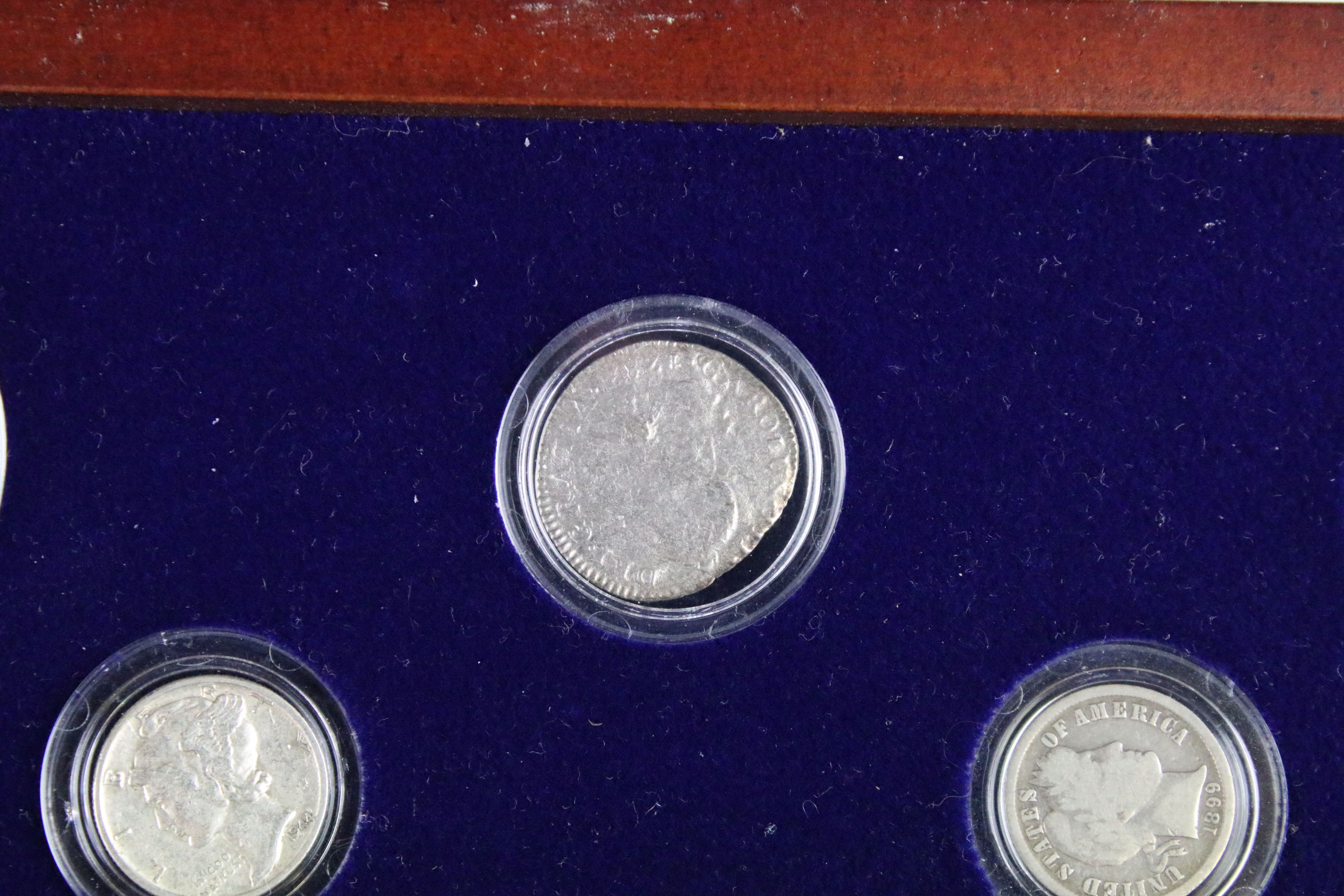A set of early american silver coins encapsulated within wooden fitted display case. - Image 3 of 12