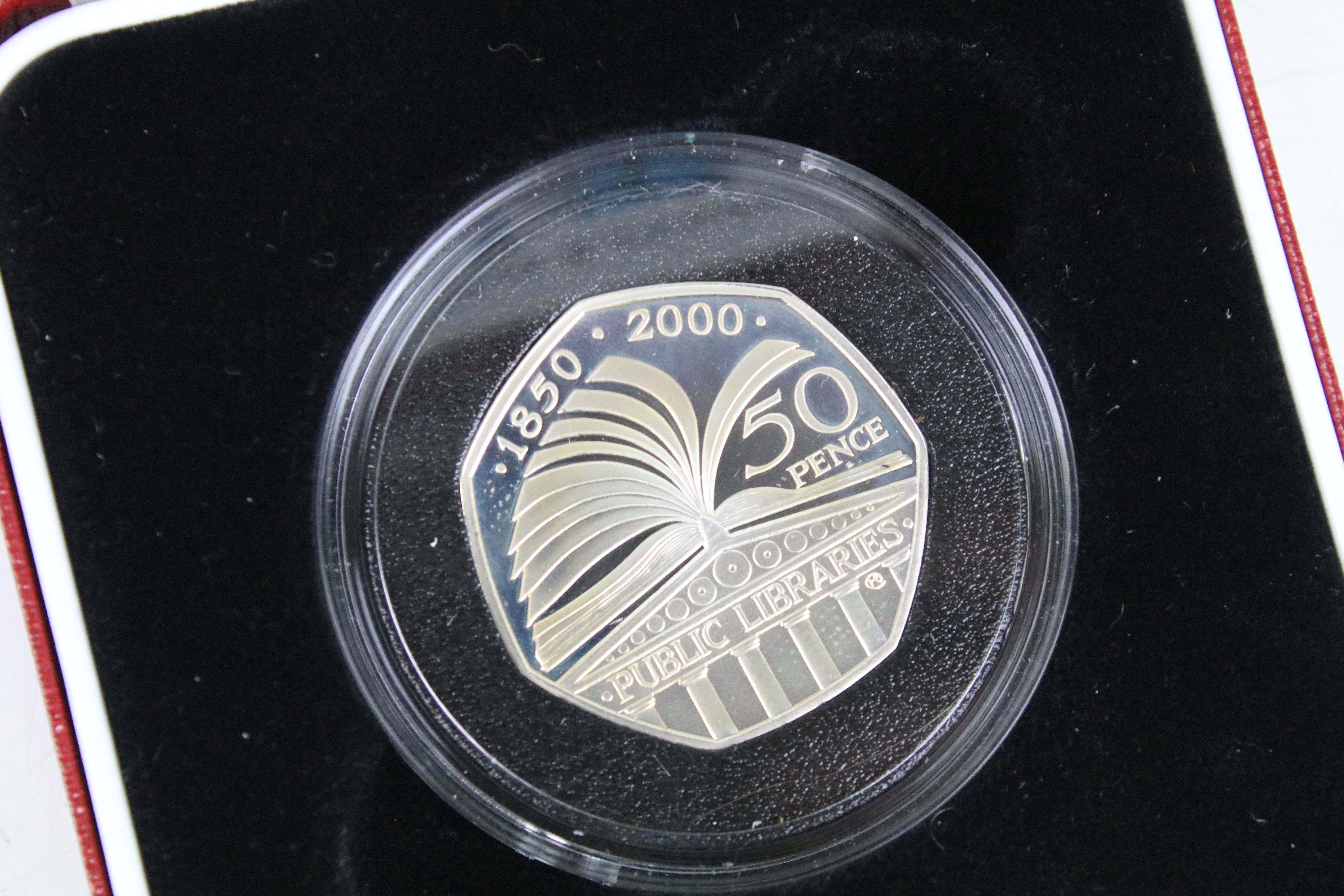 A collection of three silver proof coins to include a 2000 50p coin, 2012 £5 coin and a 1979 - Image 3 of 4