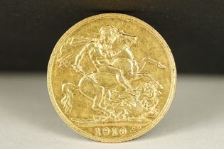 A British King Edward VII 1910 gold full sovereign coin.