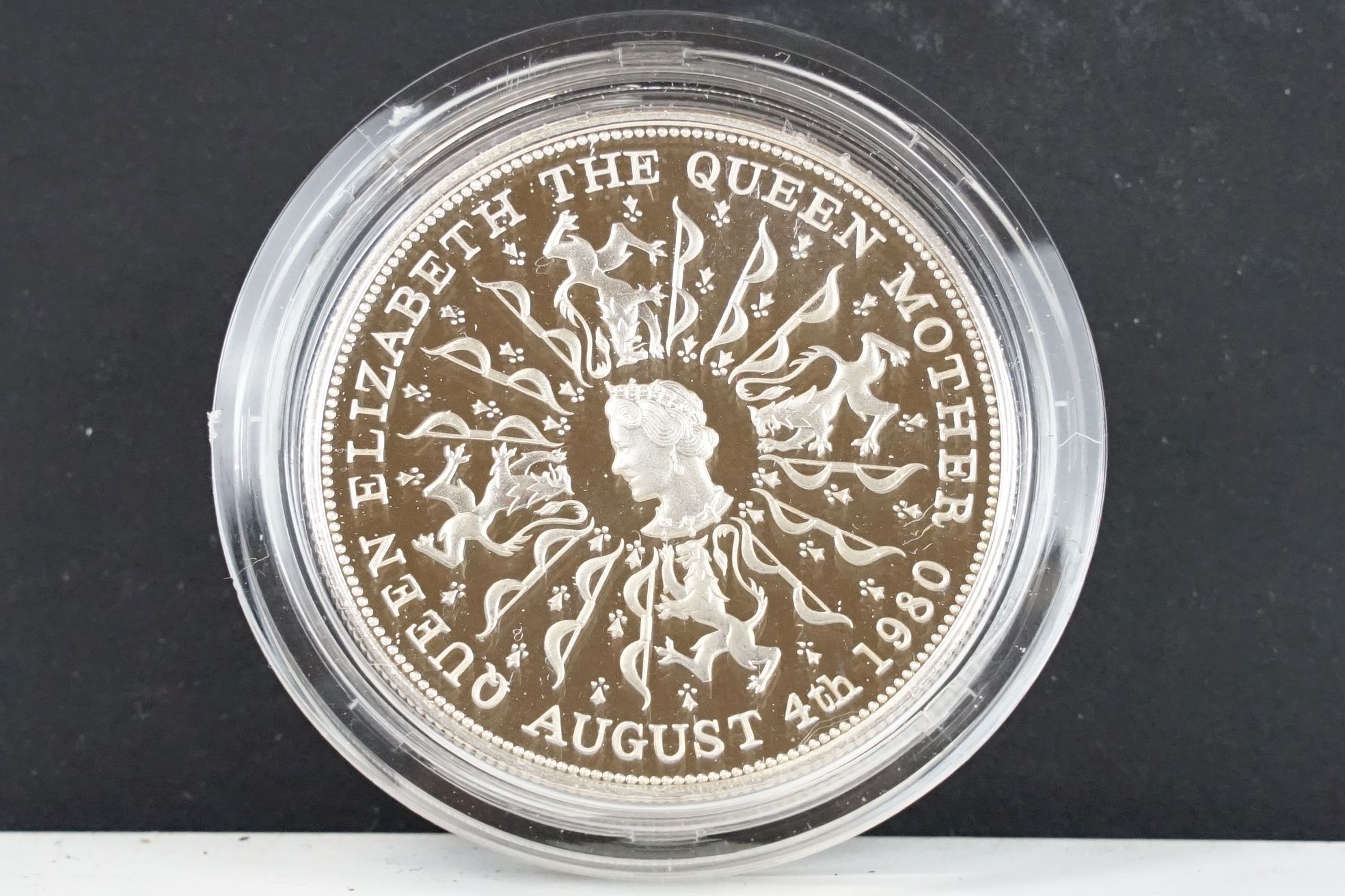 A Royal Mint silver proof Queen Mother 80th Birthday crown coin encapsulated within fitted display - Image 2 of 5