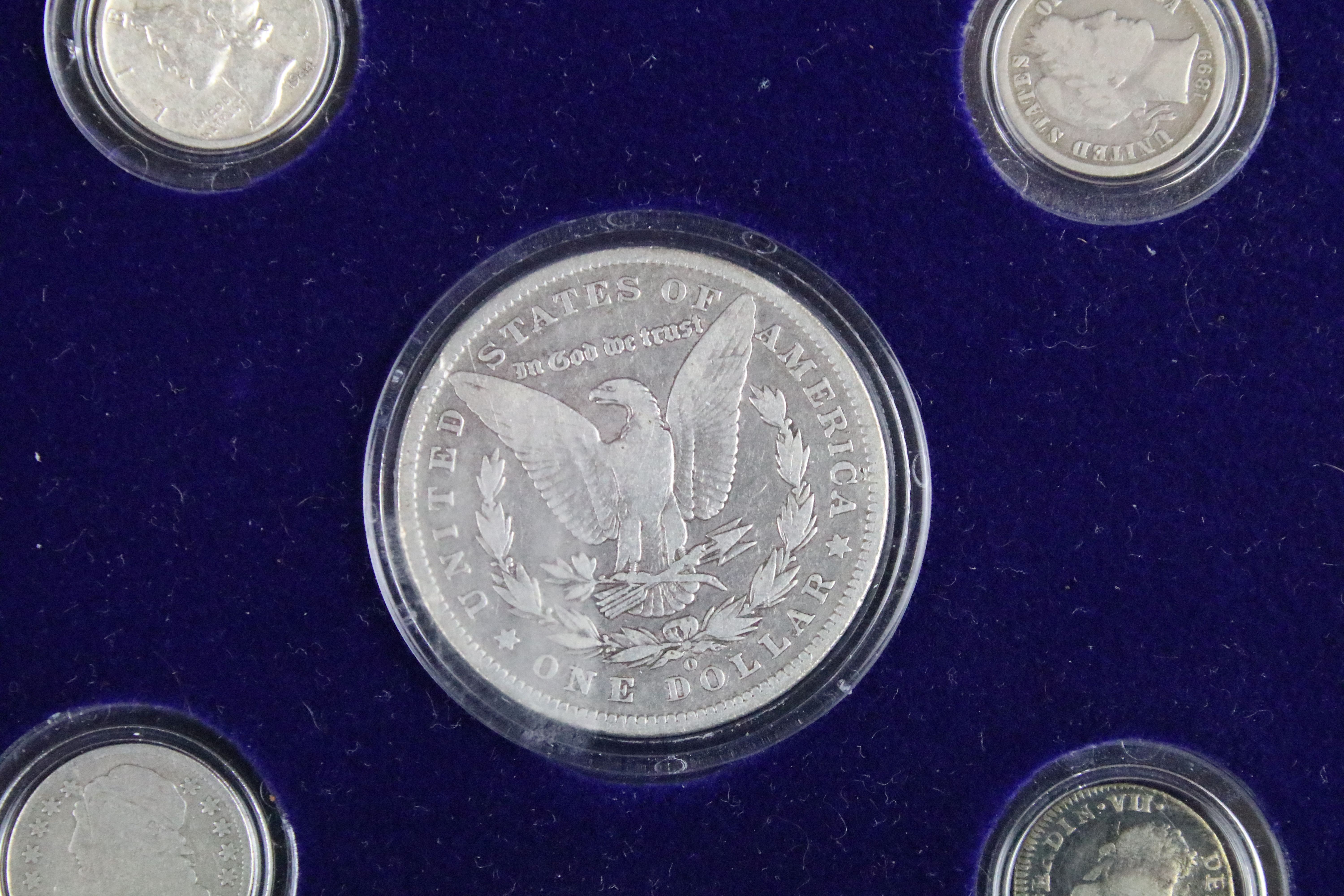 A set of early american silver coins encapsulated within wooden fitted display case. - Image 5 of 12