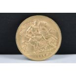 A British King George V 1912 gold half sovereign coin.