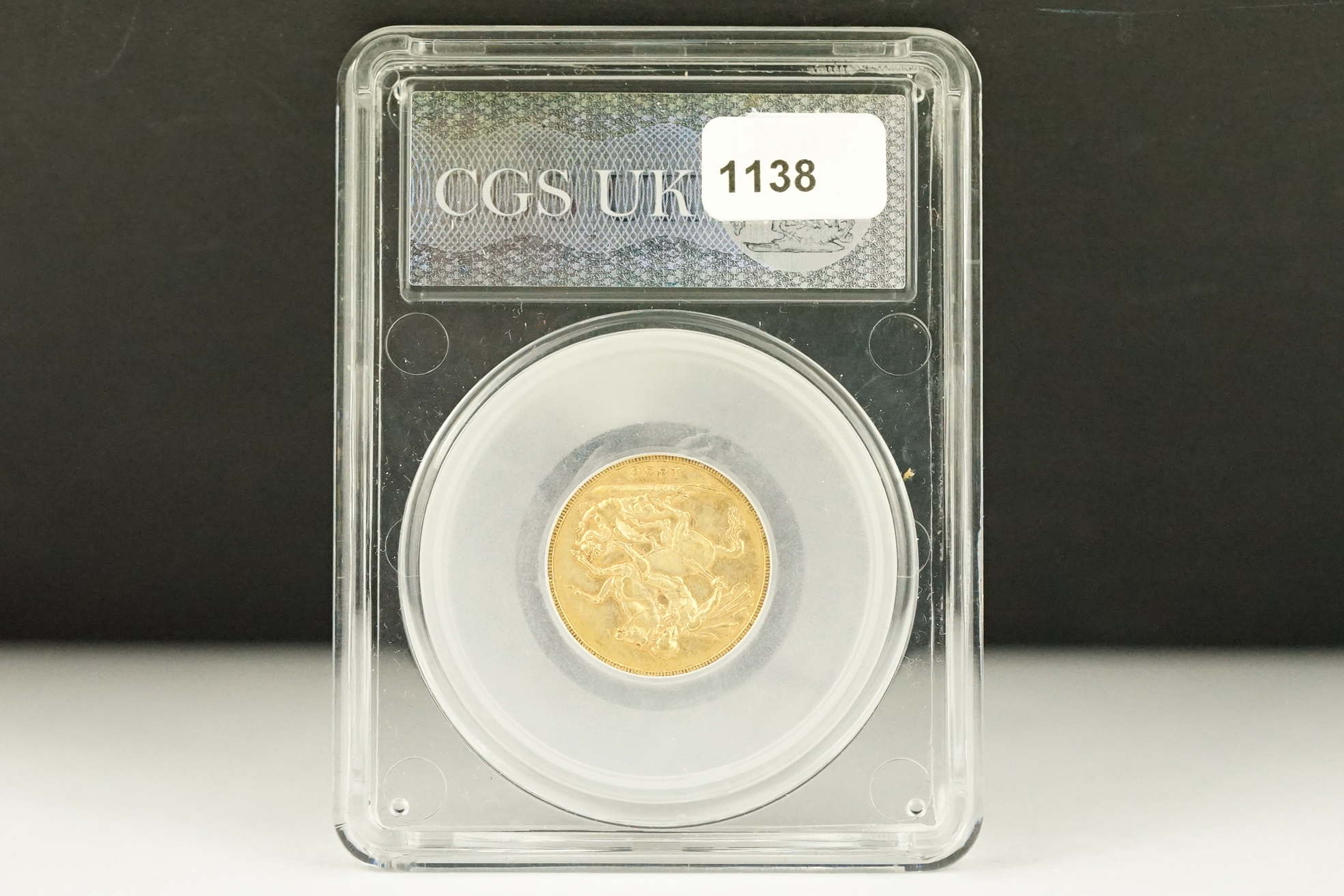 A Queen Victoria 1886 Melbourne Mint gold full sovereign coin, CGS slab mounted. - Image 2 of 7