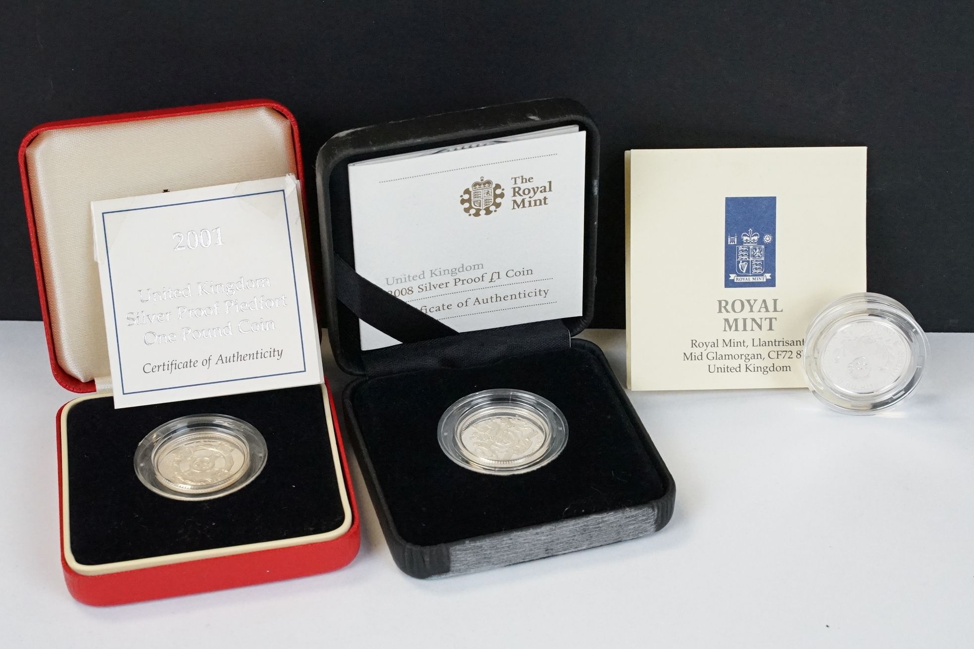 A collection of Three Royal Mint silver proof £1 coins to include 1995, 2001 and 2008 examples.