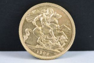 A British Queen Elizabeth II 1982 gold full sovereign coin.