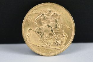 A British King George V 1915 gold full sovereign coin.