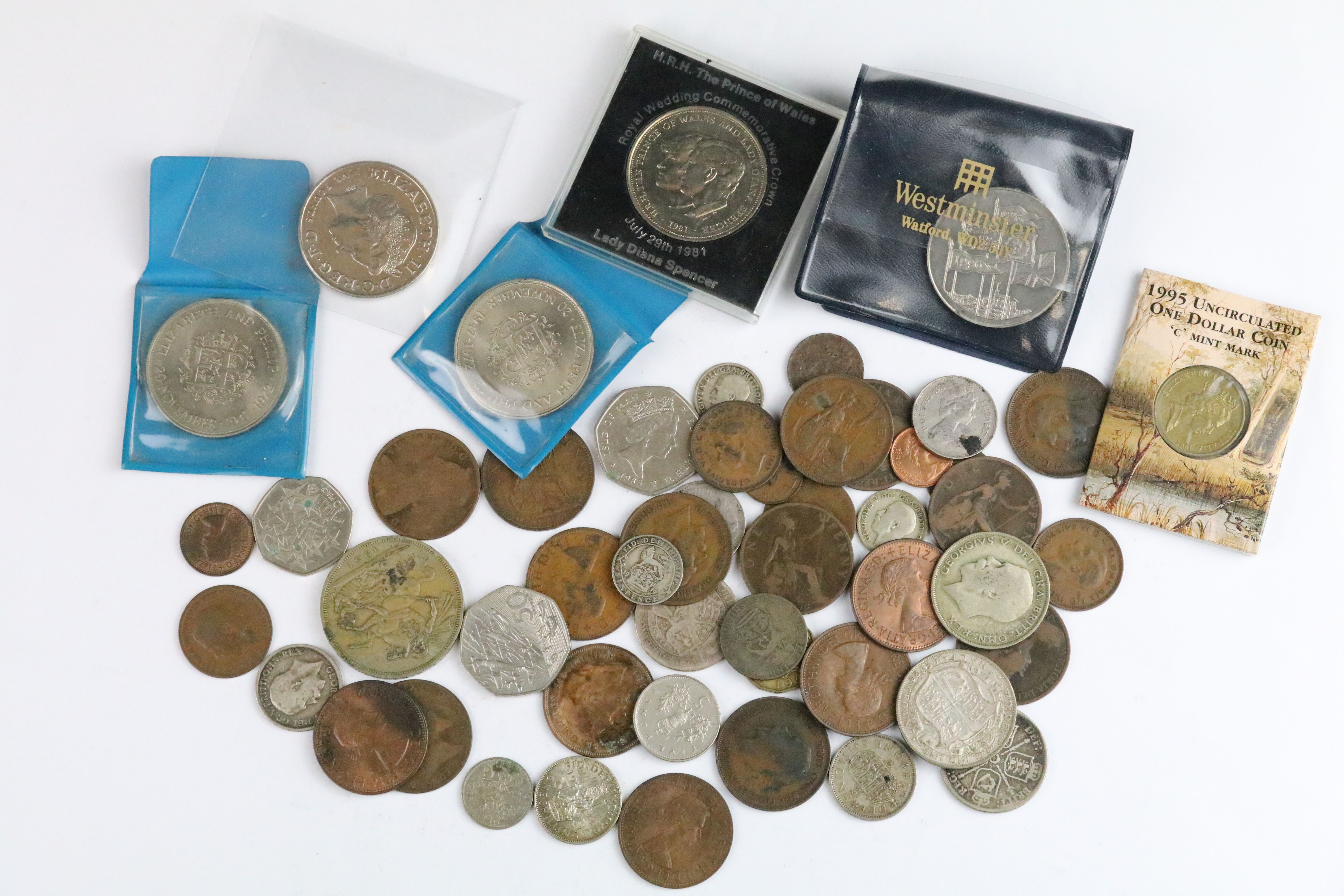 A small collection of British decimal and pre decimal coins to include Queen Victoria silver
