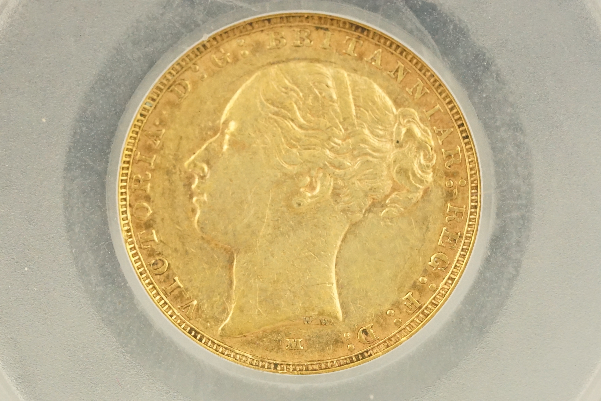 A Queen Victoria 1886 Melbourne Mint gold full sovereign coin, CGS slab mounted. - Image 6 of 7