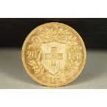 A Switzerland Helvetia 1927 20 Franc gold coin.