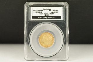 A Queen Victoria 1886 Melbourne Mint gold full sovereign coin, CGS slab mounted.