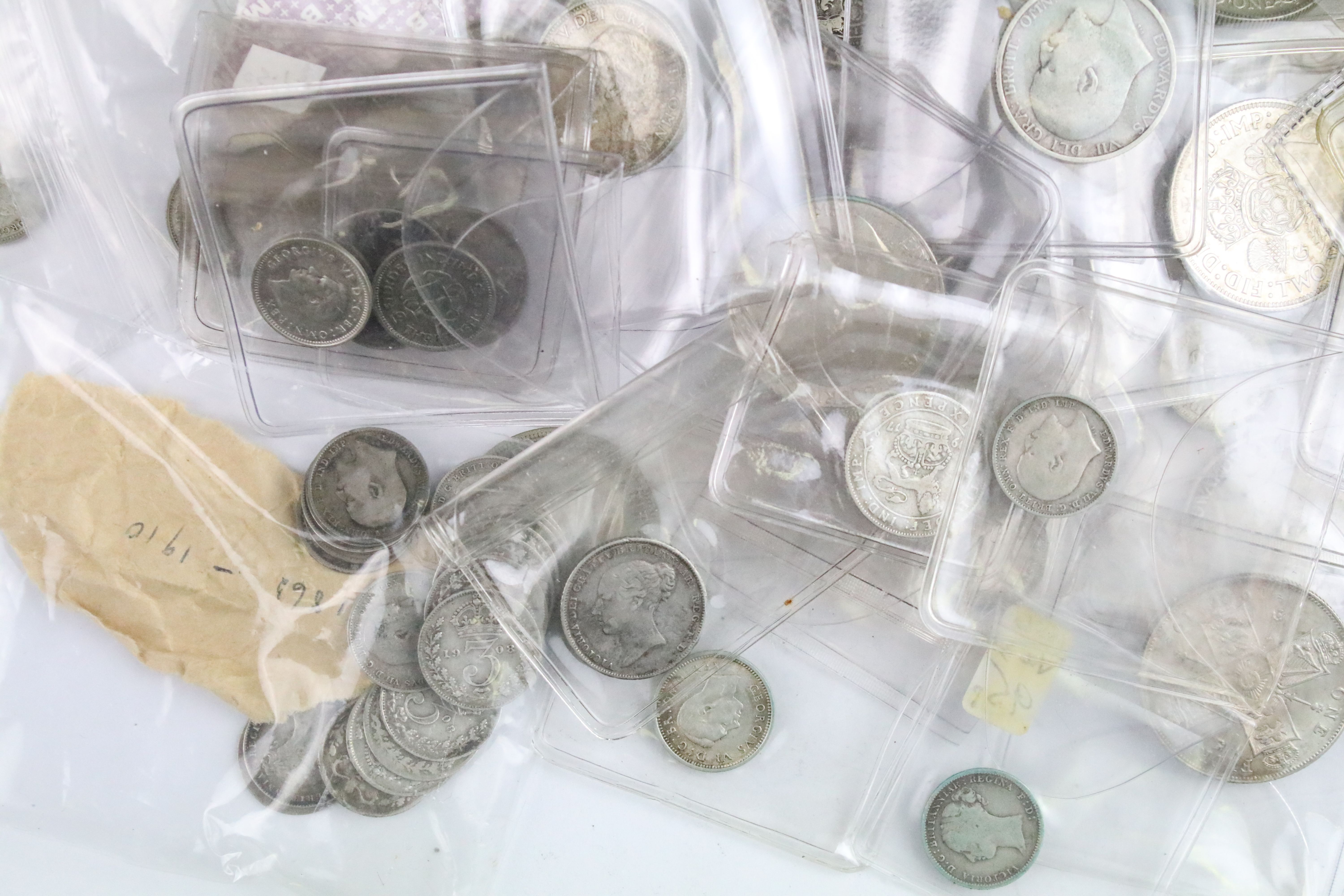 A collection of British pre decimal silver pre 1947 and pre 1920 coins to include threepence, - Image 6 of 7