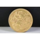 A British King George V 1912 gold half sovereign coin.