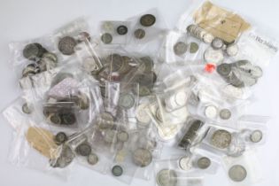 A collection of British pre decimal silver pre 1947 and pre 1920 coins to include threepence,