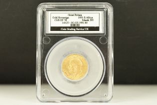 A King George V 1931 South Africa Mint gold full sovereign coin, CGS slab mounted.