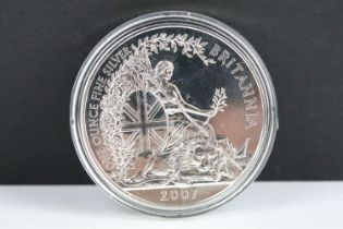 A British Royal Mint uncirculated 2007 Britannia fine silver £2 bullion coin.