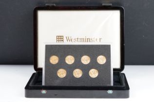A Westminster Mint cased set of seven King George V gold full sovereign coins to include 1918 (