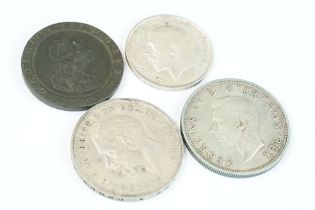 A small collection of British pre decimal coins to include two silver crown coins.