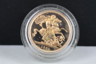 A British Queen Elizabeth II 1981 gold full sovereign coin.