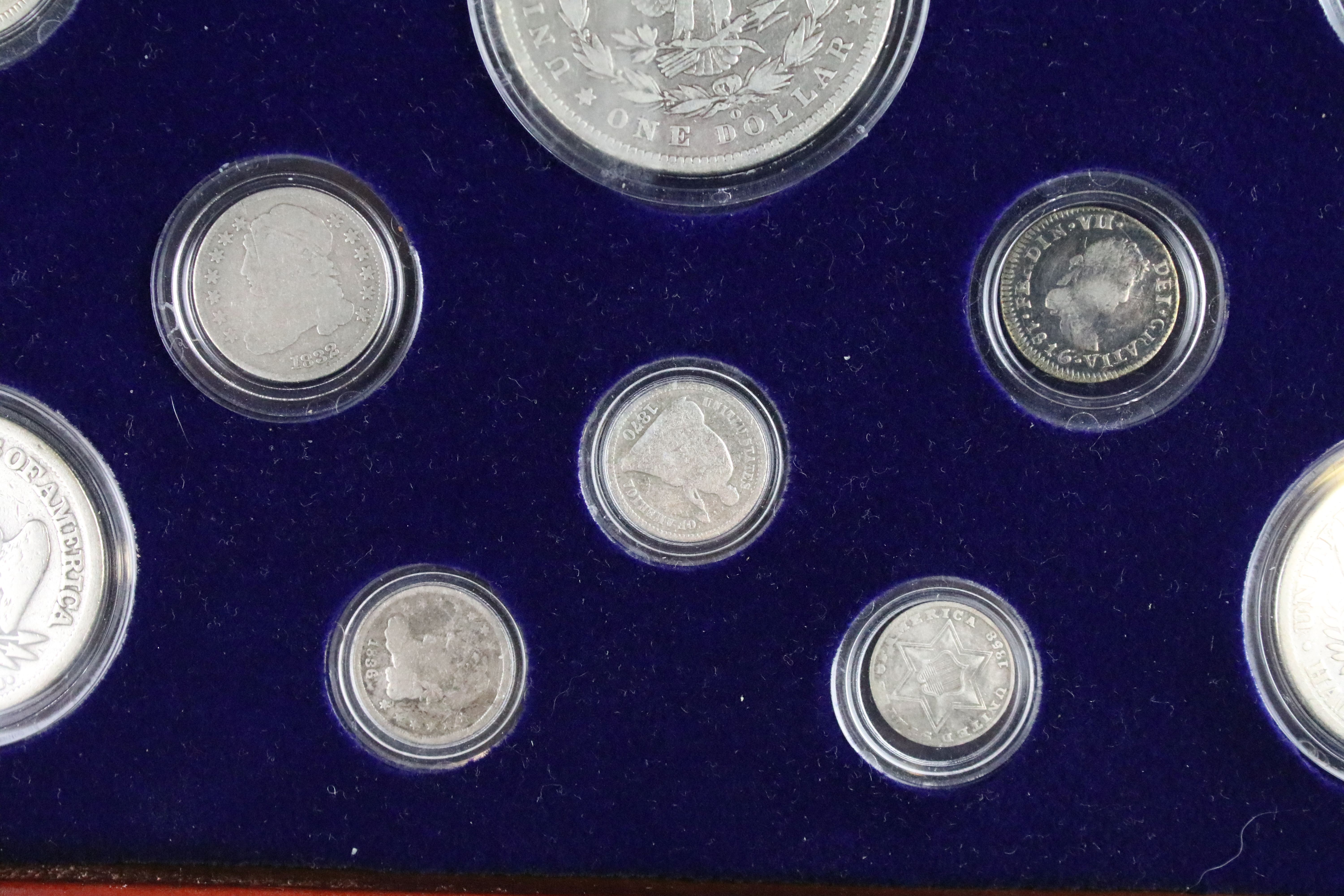 A set of early american silver coins encapsulated within wooden fitted display case. - Image 8 of 12