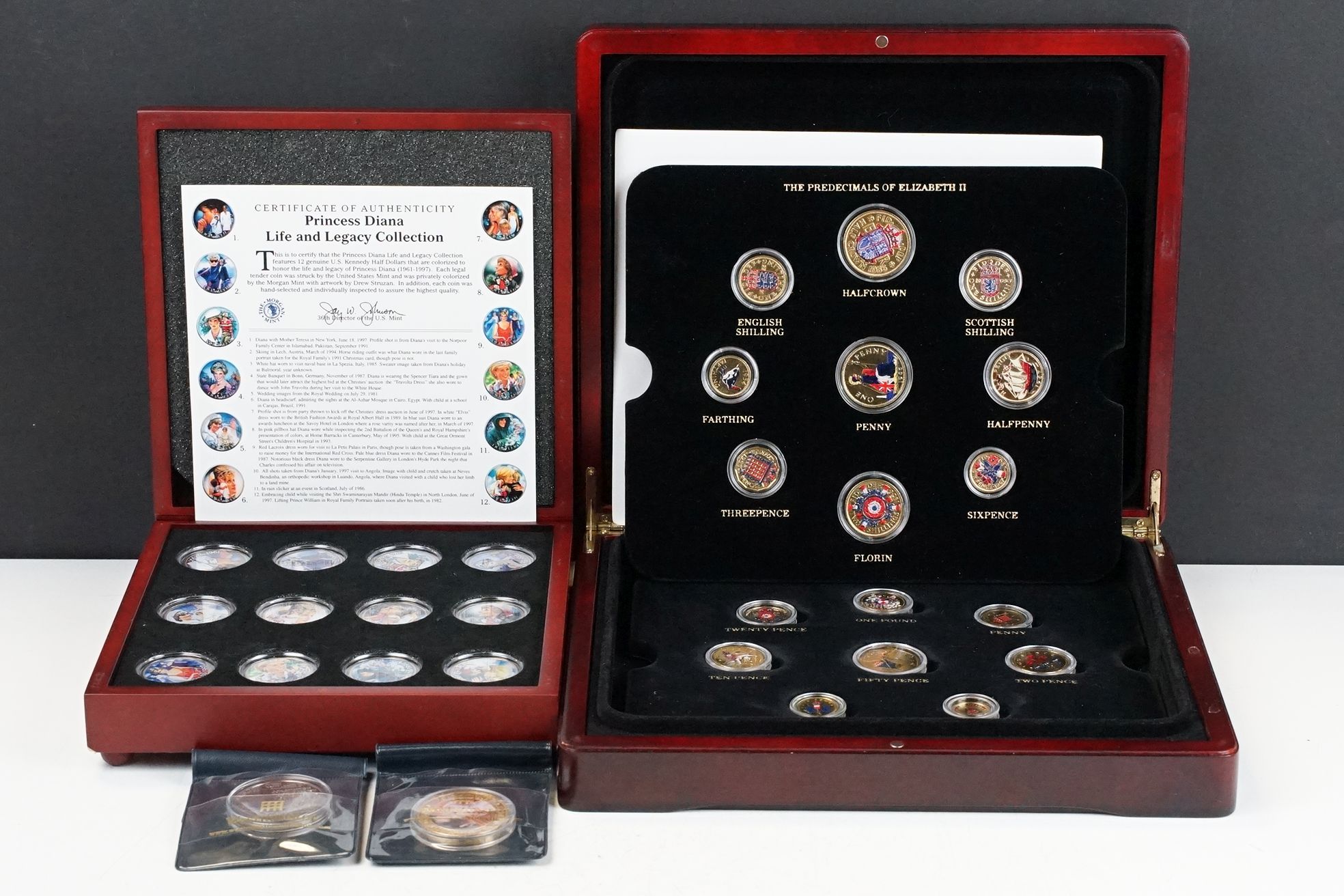Two proof like coin sets within wooden fitted cases to include 'The Decimals And Pre Decimals of