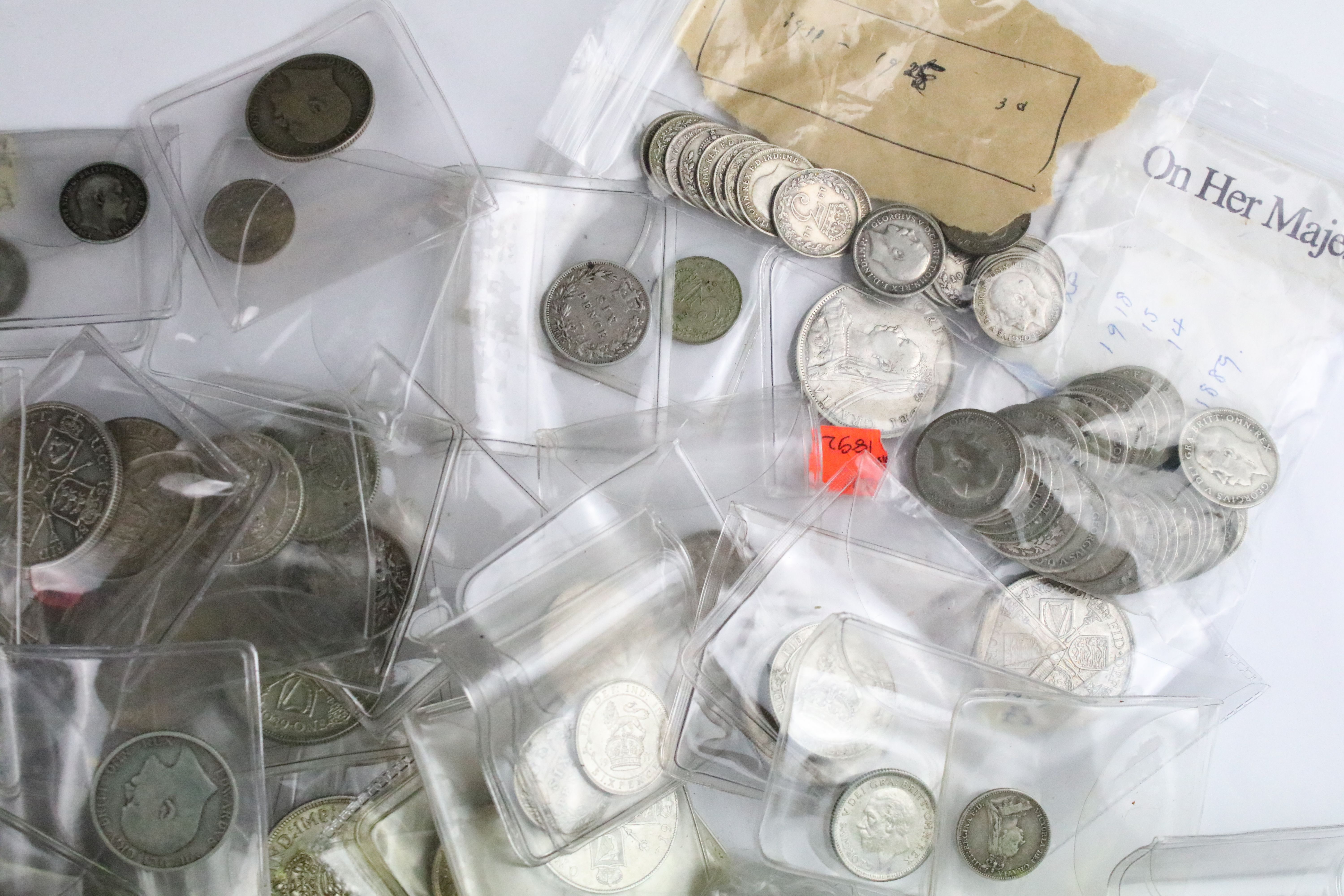 A collection of British pre decimal silver pre 1947 and pre 1920 coins to include threepence, - Image 3 of 7