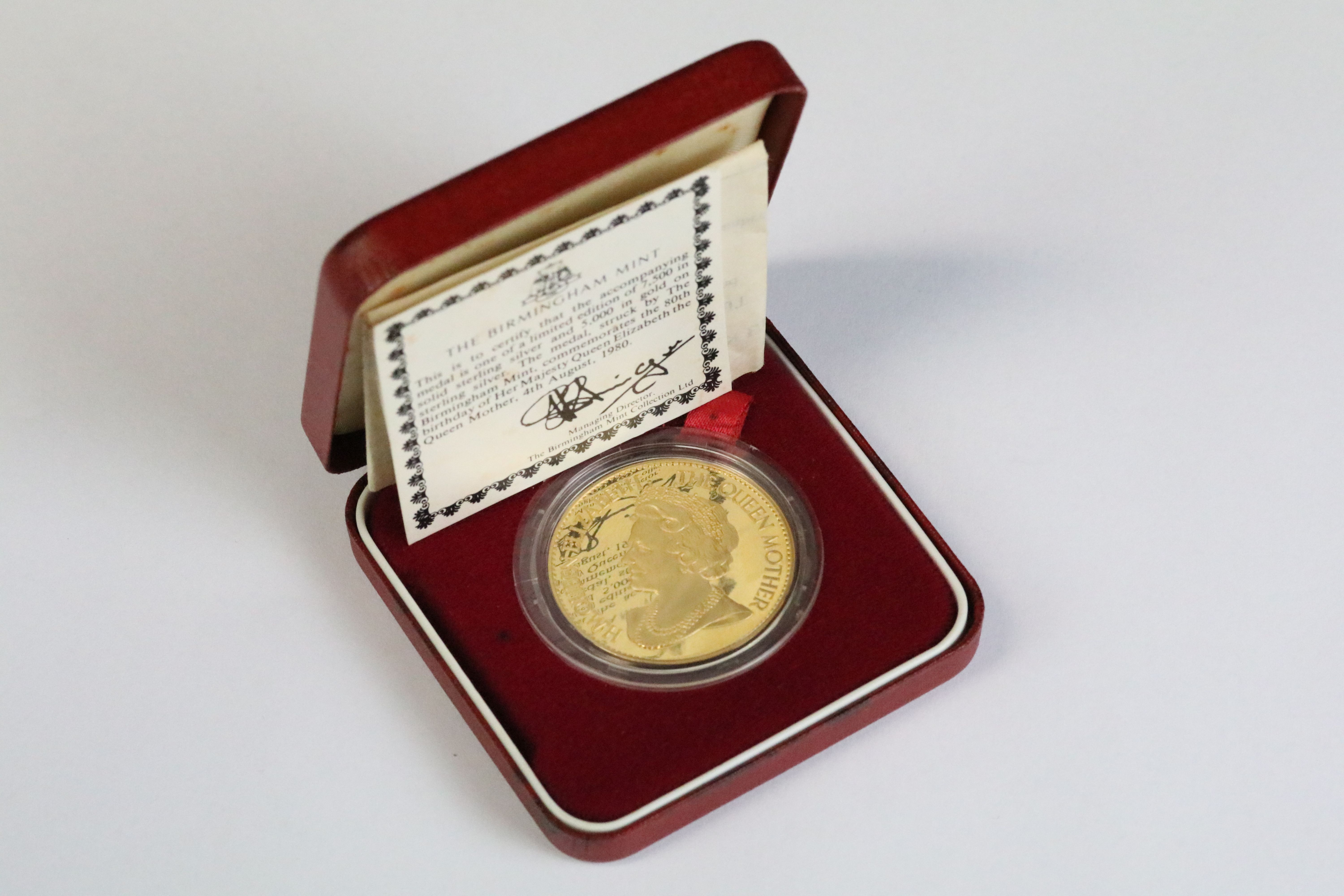 A cased Birmingham Mint sterling silver gold plated 1980 Queen Mother crown complete with COA.