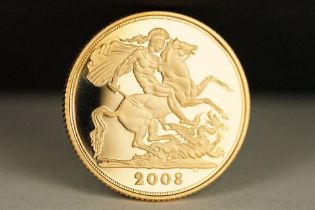 A British Queen Elizabeth II uncirculated 2008 gold full sovereign coin.