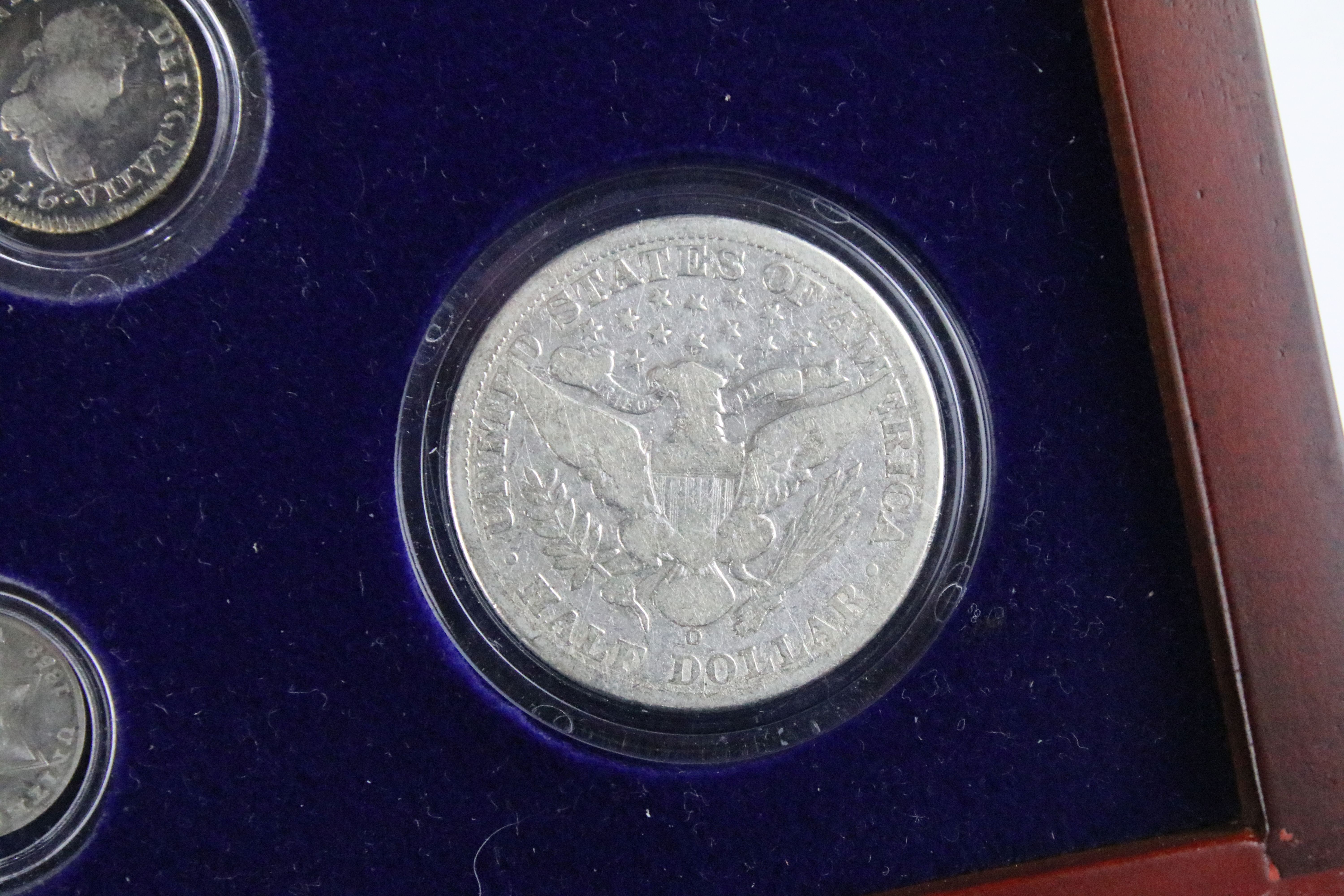 A set of early american silver coins encapsulated within wooden fitted display case. - Image 10 of 12