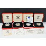 A collection of four Royal Mint silver proof £1 coins to include 2000, 1993, 1989 and 1999 examples,