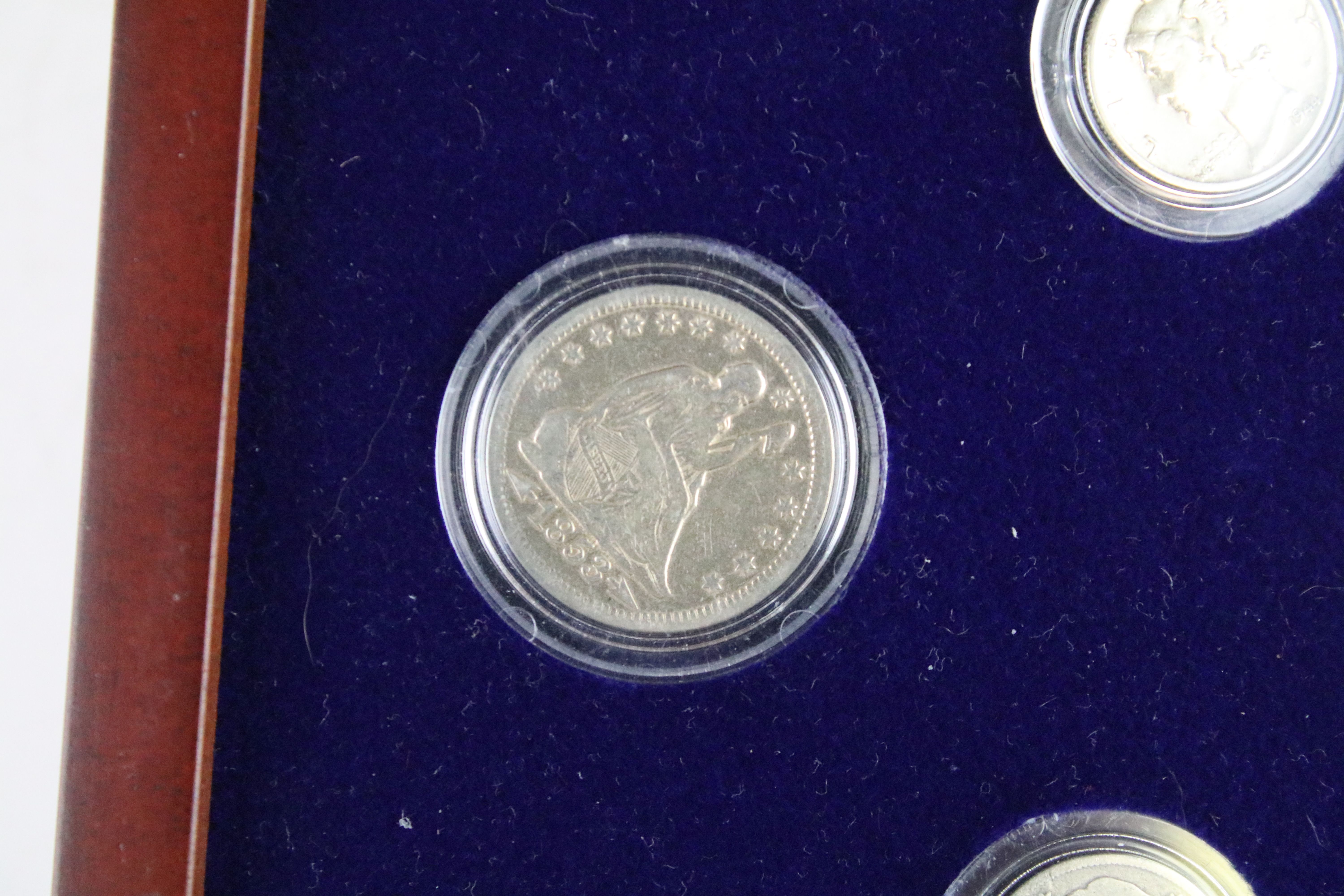 A set of early american silver coins encapsulated within wooden fitted display case. - Image 6 of 12